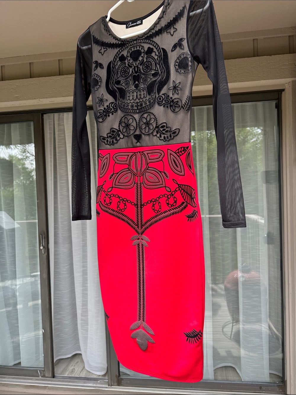 Forever 21 Black Mesh & Bright Red Embroidered Long Sleeve Midi Dress